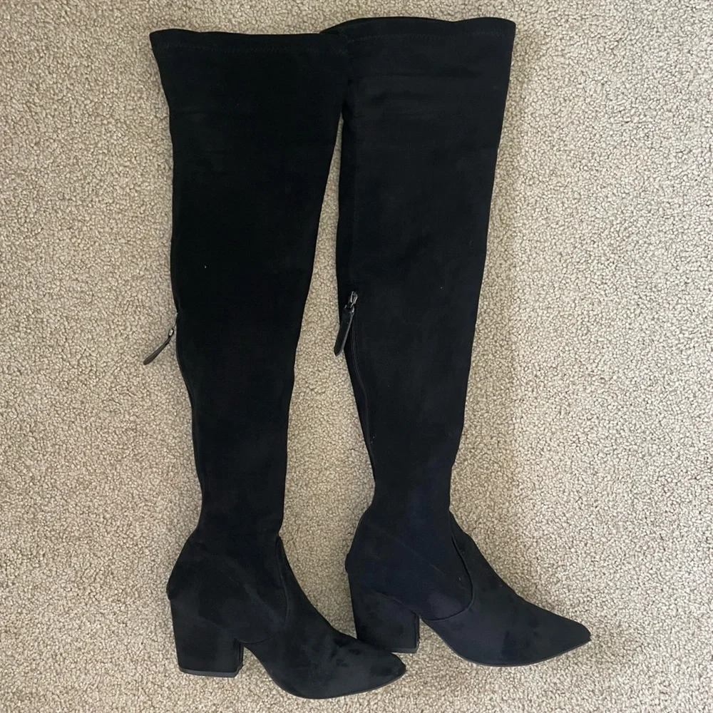 Black Faux Suede Over The Knee OTK Block Heel Boots Size 6.5